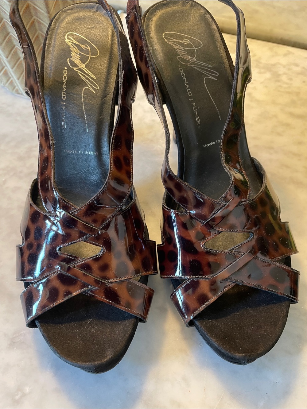 Donald J. Pliner Patent Leopard Slingback Heels - Brown & Black NWOT